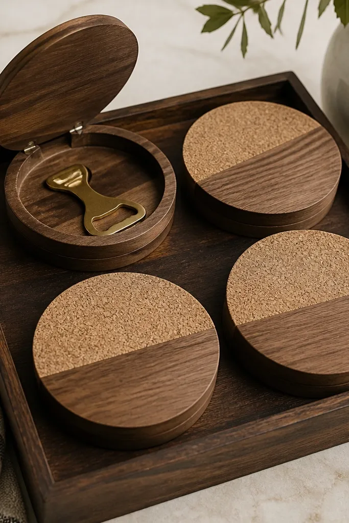 A set of four round coasters made from cork and wood. One coaster has a hinged lid on top with a small hidden compartment. Inside is a small bottle opener. The coasters sit on a dark wooden tray.