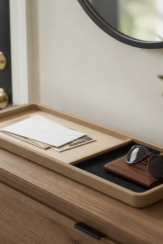 A long entryway tray made from plywood with a shallow lip. The edges are wrapped with fabric trim in tan. Inside there are two sections: a mail slot on one side and a shallow pocket lined in black felt on the other. The tray sits by a door with a wallet and sunglasses placed on it.