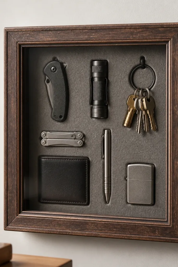 A shadow box made from an old wooden picture frame. Inside is a removable insert board with labeled slots and a small key ring hook. The insert is covered with gray felt. The front has a clear backing and the EDC items sit neatly.