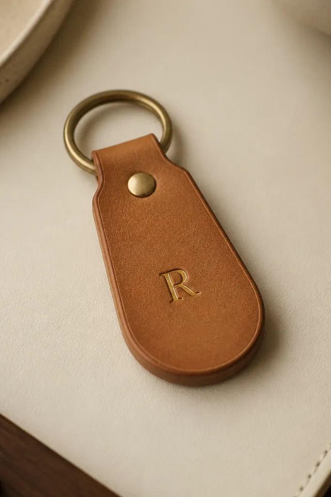 A tan leather key fob laid flat on a cream desk mat, with a single brass-stamped letter in the center. The fob has a rounded end, a small metal ring at the top, and visible edge dyeing that matches the leather tone.