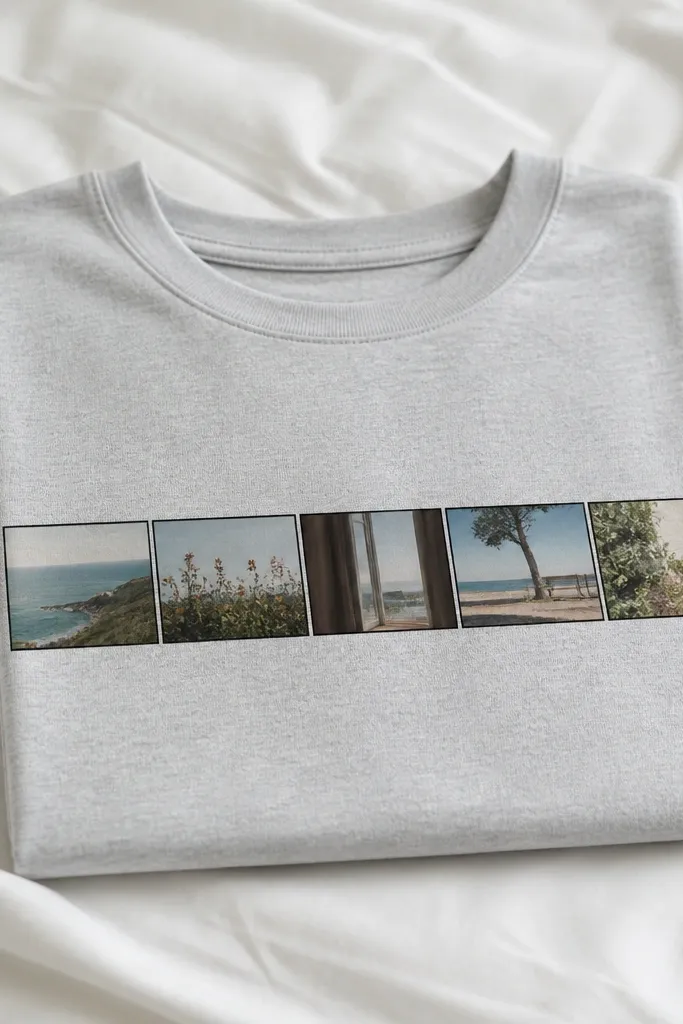 A light heather gray T-shirt folded on a white bedspread, showing a horizontal strip of small photos in a clean grid. The photo strip sits across the chest with a thin black outline, and the rest of the shirt is plain.