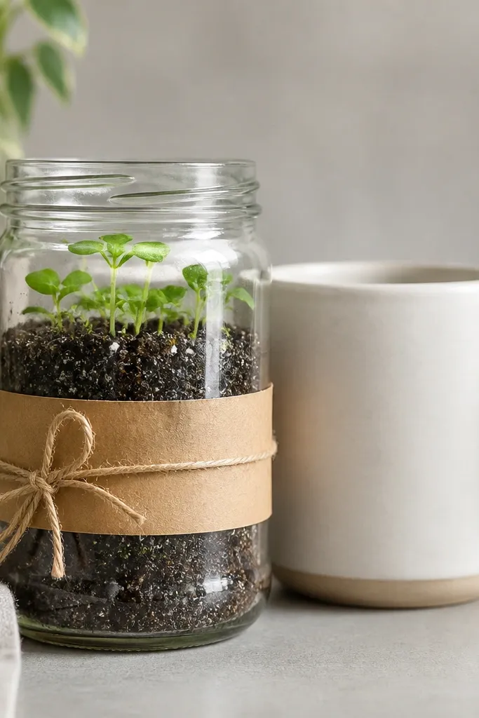 A clear glass jar filled with potting soil and tiny seedlings, sitting next to a white ceramic mug. A small kraft paper label with neat black hand lettering wraps around the jar with twine.