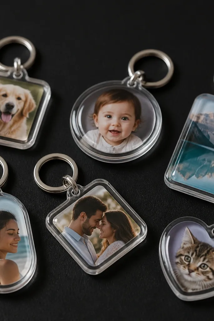 A set of small clear resin keychain charms on a dark background, each with a tiny photo embedded. The charms have smooth domed surfaces, rounded corners, and a silver split ring at the top.