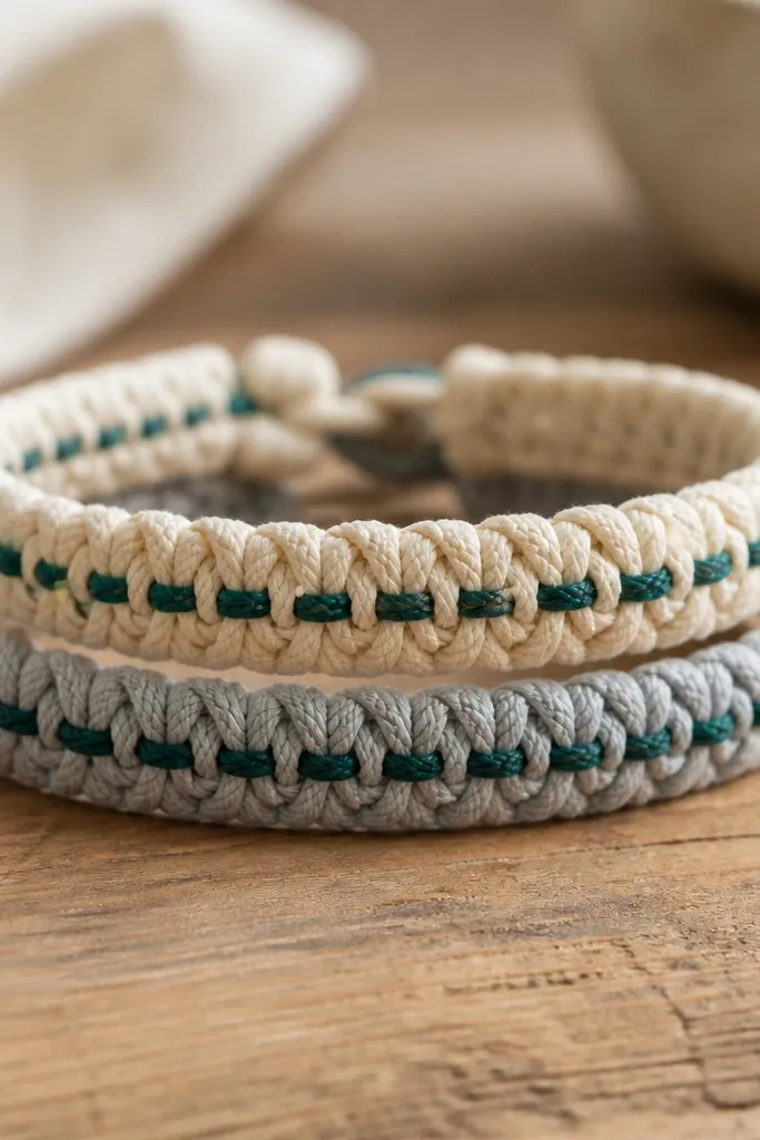 Two stacked bracelets on a wooden table: one is cream and the other is pale gray. Both have a single thin strand of teal woven through, with tight knots and a neat braided pattern.