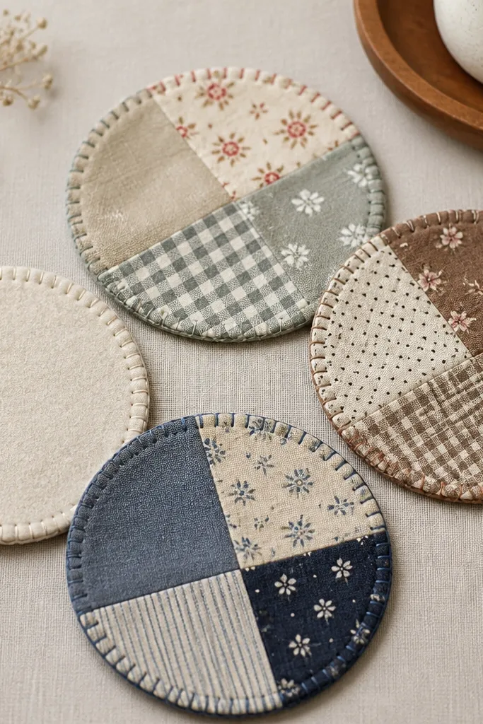 Four round coasters made from patchwork fabric, each with a different muted print. The edges are stitched in a matching thread, and the bottom shows a light non-slip felt backing.