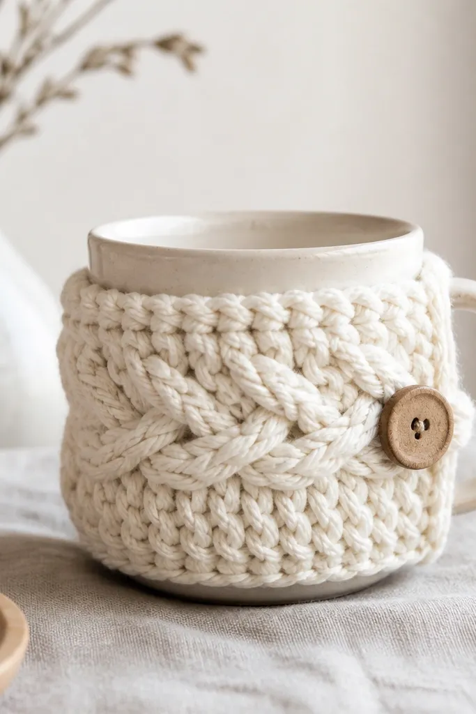 A coffee mug wrapped with a chunky crochet cozy in cream yarn. The cozy has raised cable-like stitches and a small wooden button at the side, with a snug fit around the handle area.