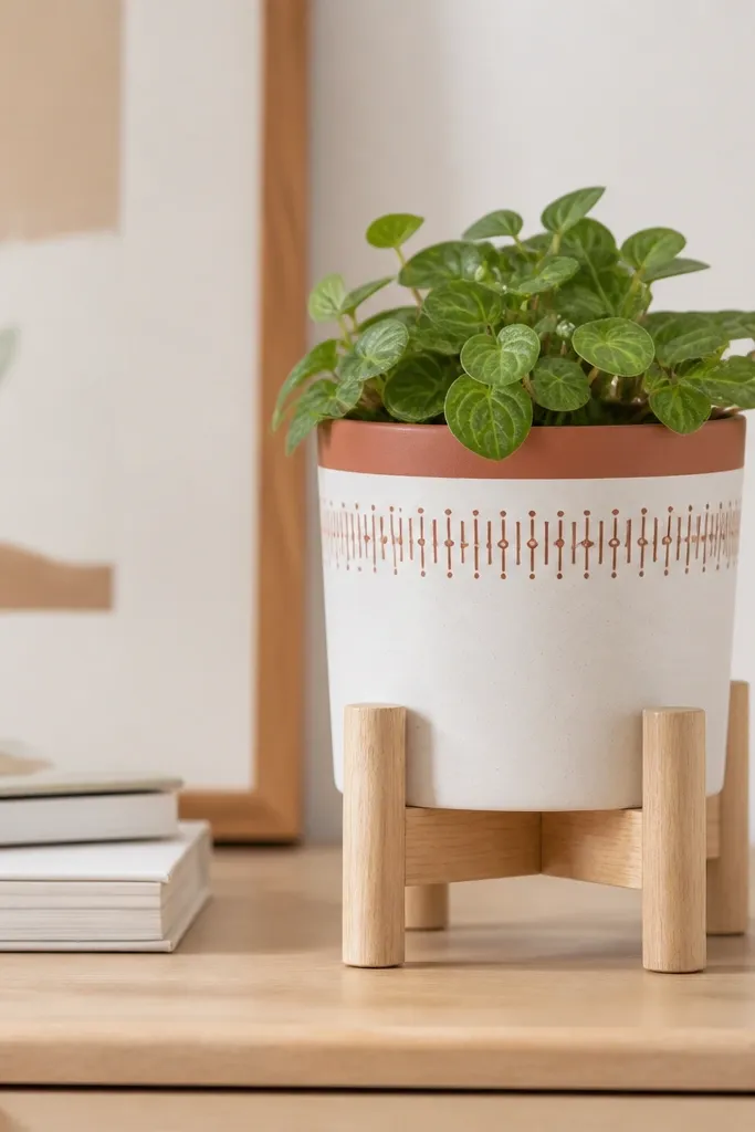 A small ceramic planter painted in matte white with a smooth dipped rim in muted terracotta. The planter has a hand-painted thin line pattern near the top and sits on a light wood stand.