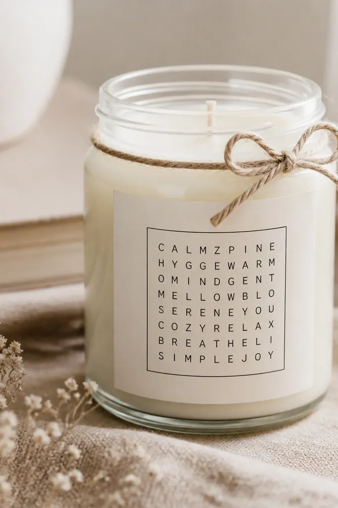 A plain glass jar candle with a minimalist label: black ink text arranged in a clean box, with a small word-scramble grid. The label is matte paper with sharp corners, no glitter, and a simple twine bow.