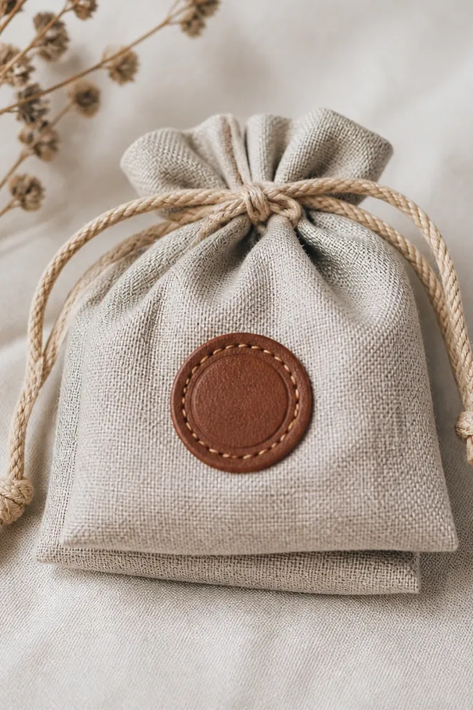 A small drawstring pouch made from natural linen, folded neatly with a leather tag stitched to the front. The drawstring is tan cotton cord, and the tag has a stamped date in a small circle.