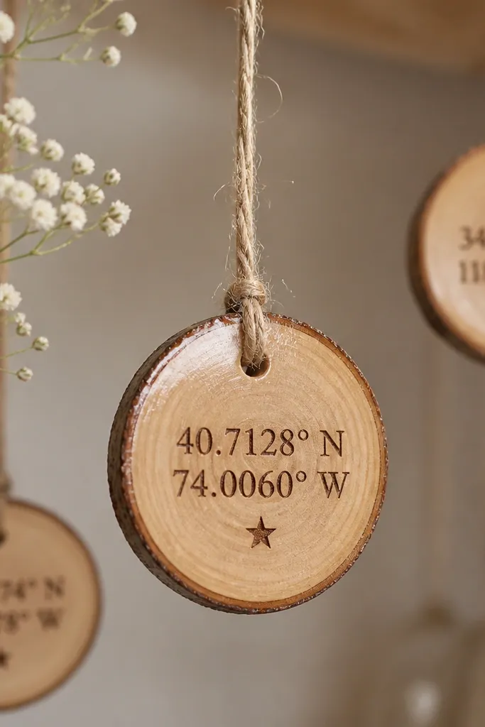 Small round wood slices hanging on twine, each with dark burned-in coordinates and a tiny star. The wood has a light natural finish, with a clear top coat that adds gentle sheen.