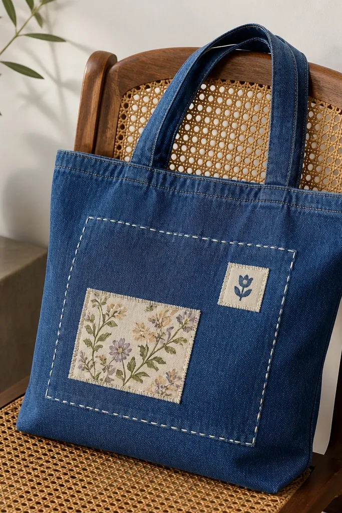 A medium denim tote bag on a chair, decorated with two sewn-on patches - one floral and one small icon. There's a contrasting stitched border around the patch placement area, in off-white thread.