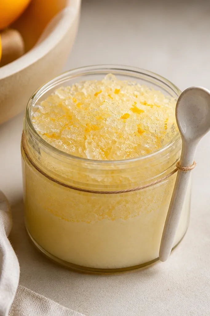 A small jar of soy wax bath soak with a pale gold base and a textured top that looks like citrus sugar. The jar has a handwritten label and a spoon tucked beside it.