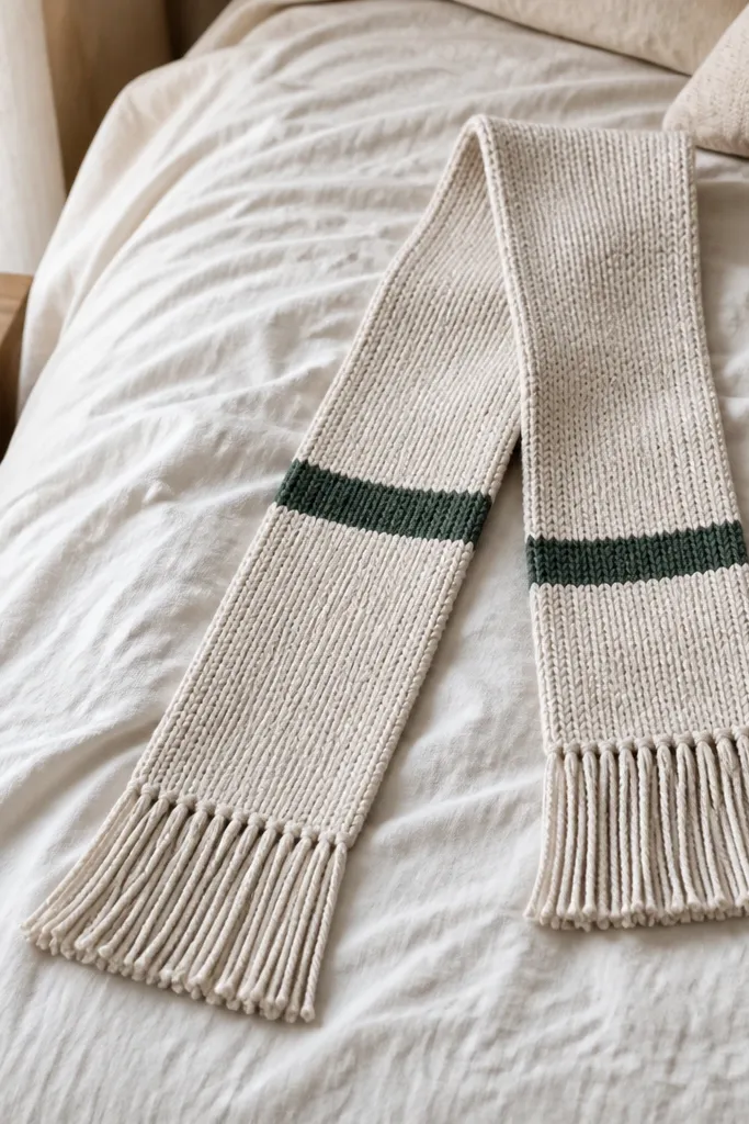 A narrow knitted scarf laid on a bed, mostly oatmeal yarn with a single horizontal stripe in deep green. The ends have evenly cut fringe strands, and the knit stitch looks consistent and tight.