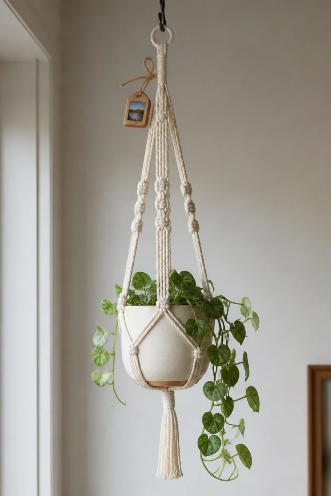 A macrame plant hanger hanging from a ceiling hook, made with cream cotton rope and a simple knot pattern. A small wooden tag with a photo is tied to the rope near the top.