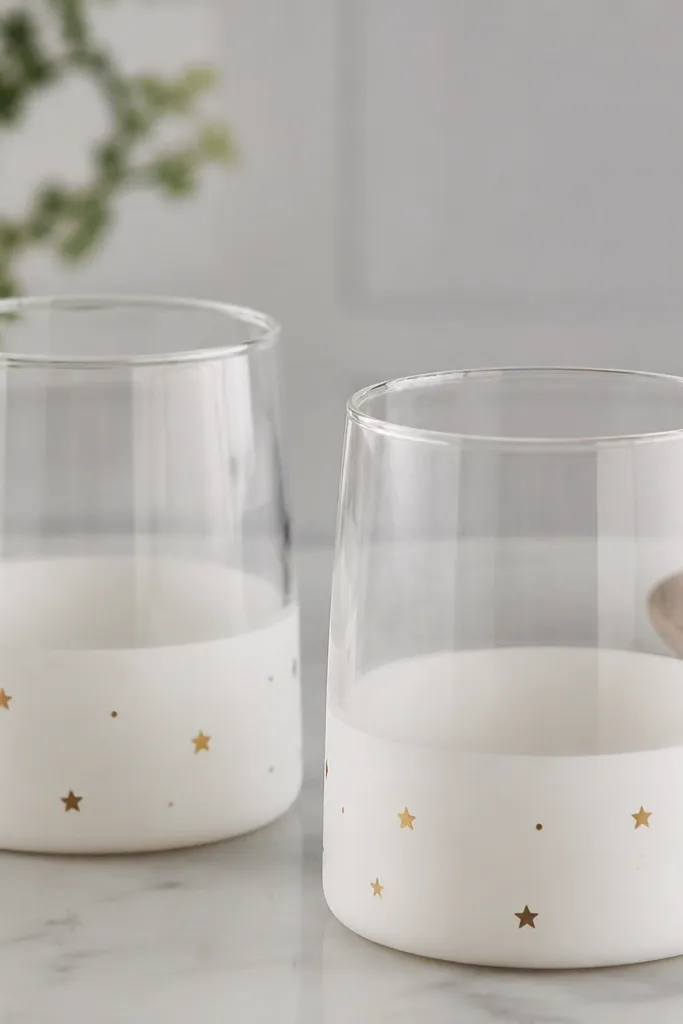 Two clear glass tumblers with a matte white paint band near the bottom. Small gold star dots are hand-dipped around the band, and the glasses look clean and modern on a countertop.