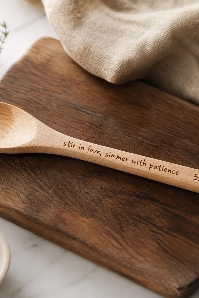 A wooden cooking spoon on a cutting board, with dark burned text along the handle. The writing includes a short recipe line and a date, with a small heart burned near the end.