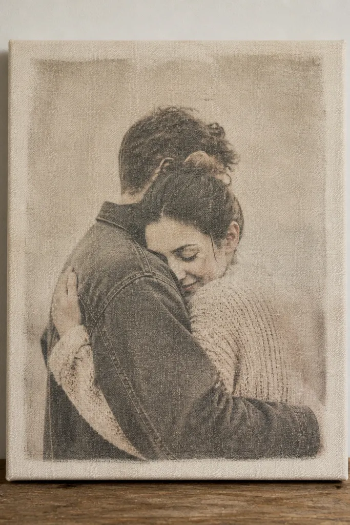 A small stretched canvas with a faded photo transfer of two people hugging. The background is muted and the photo has a soft vintage look, with a clean border of the canvas color.