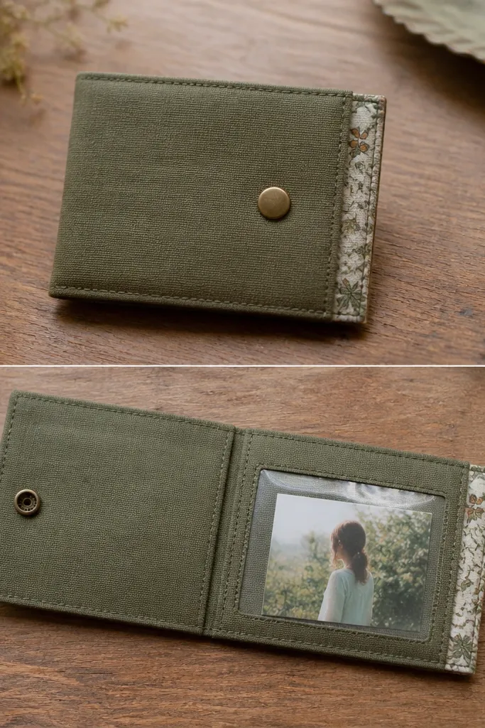 A small handmade fabric card holder on a wooden table. The front is a muted olive cotton rectangle with a single brass button sewn slightly off-center. A narrow vertical strip of patterned fabric peeks from the right edge like a lining. Inside, the holder opens to reveal a hidden pocket with a tiny photo tucked behind a clear vinyl window.