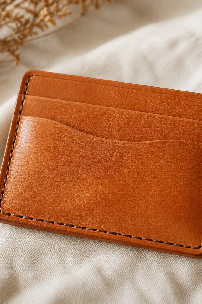 A slim tan leather card holder with two horizontal card slots and a small front pocket. The edges are burnished to a honey-brown shine. A dark brown contrast stitch lines the perimeter. The leather has natural grain and a slightly waxy finish.
