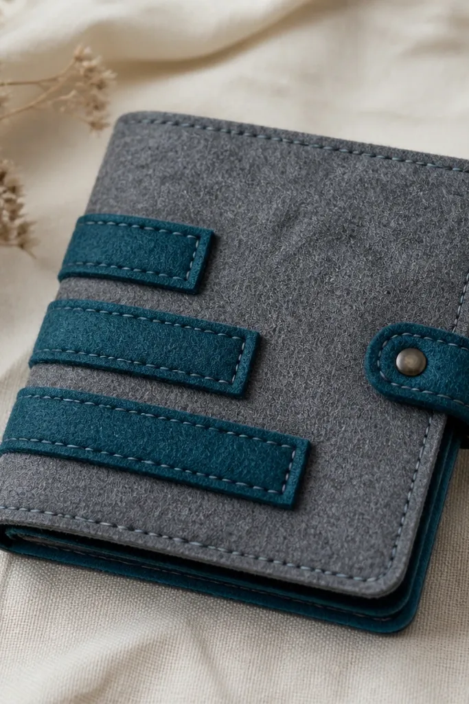 A small organizer made from layered gray and deep teal felt. It has a snap ring on one side and three fabric tabs on the front with stitched labels. The tabs are different lengths, and the organizer folds flat. Everything looks soft, thick, and neatly hand-stitched.