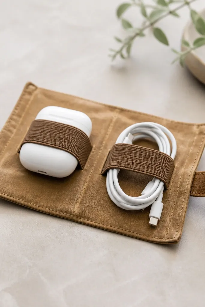 A small wrap made from tan beeswaxed canvas. It wraps around an earbuds case and a coiled cable. The canvas has a slightly glossy wax sheen. There are two elastic loops on the inside and a wrap strap with a button closure.