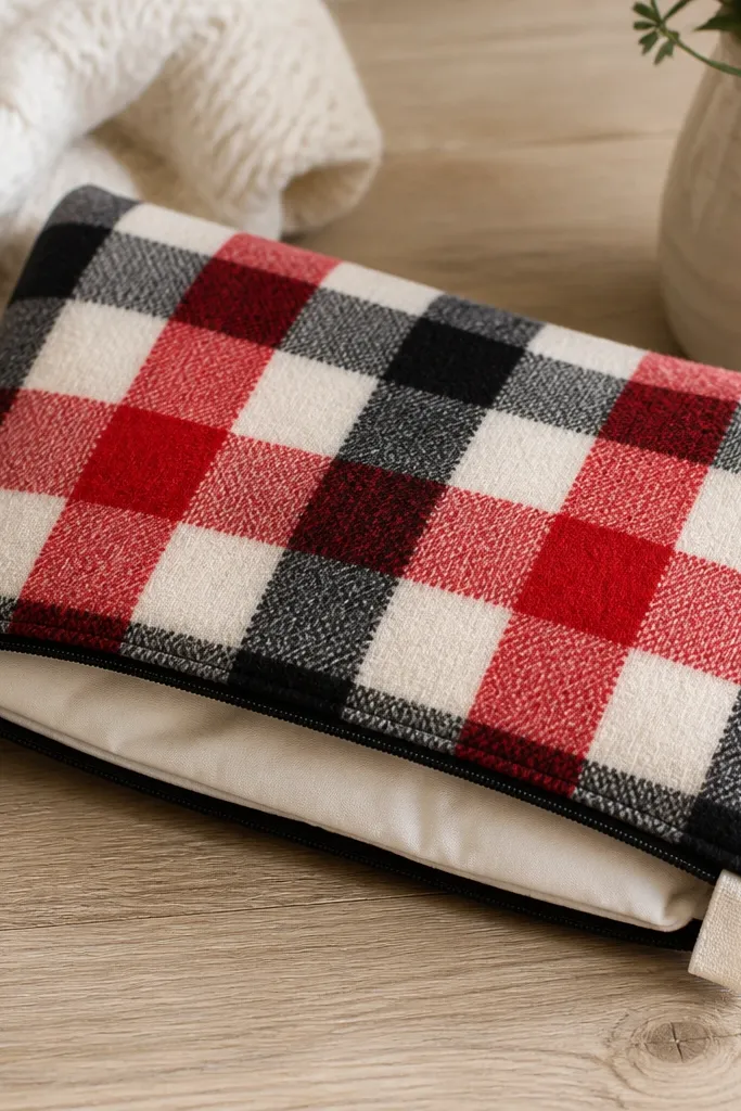 A rectangular microwavable heat pack with a removable outer cover. The cover is buffalo plaid - black and red squares on cream flannel. The inner pack is plain fabric, visible at the edge where the cover zips. There's a small tag sewn near one corner.