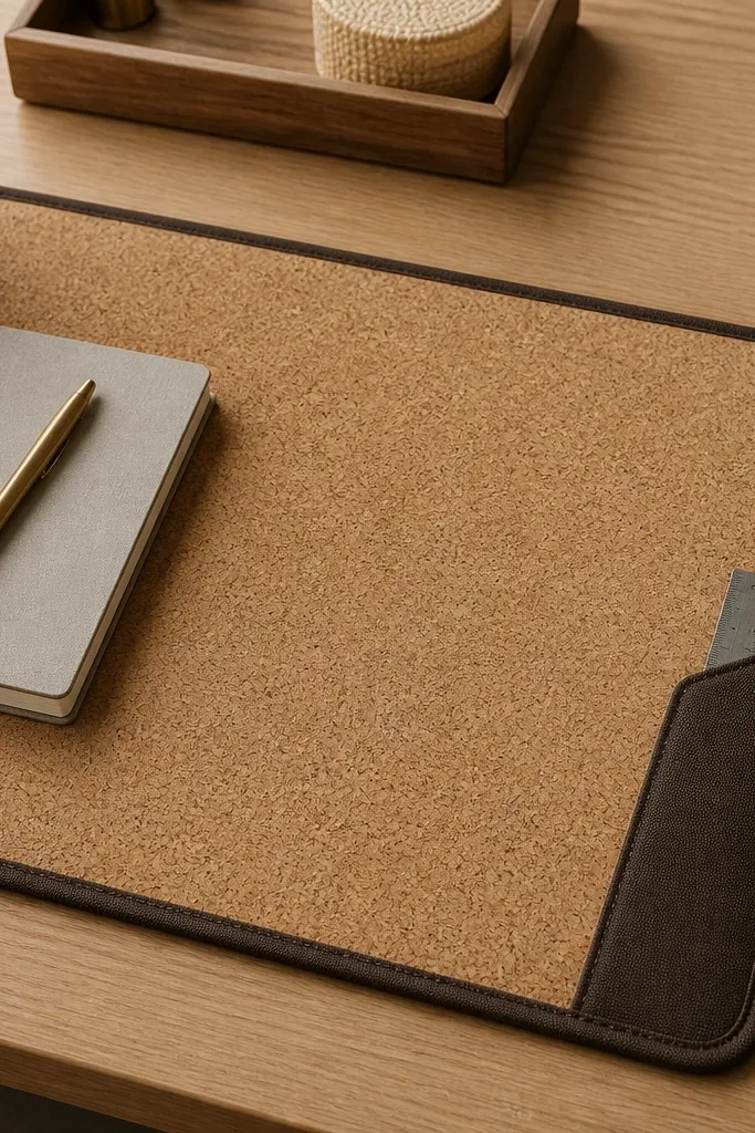 A desk mat in natural cork with a dark brown fabric border. One corner has a stitched pocket sized for a small ruler or notebook. The edge is neatly top-stitched, and the surface shows cork texture.