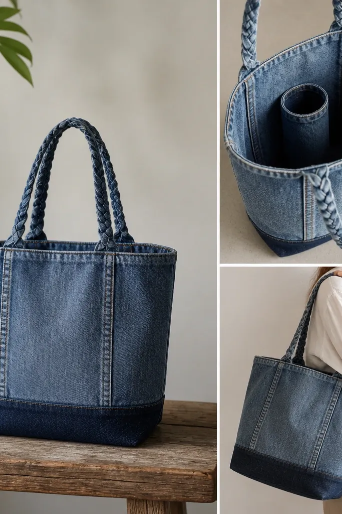 A tote bag made from faded blue denim panels with a darker denim reinforcement at the bottom. There is a stitched bottle sleeve on the inside with a narrow opening. The handles are braided from denim strips, and the stitching is visible along the seams.