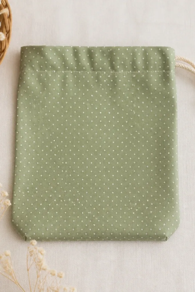 A small drawstring bag made from patterned cotton - muted sage green with tiny white dots. The top has a channel and a drawstring that locks with a knot. The bag looks flat when closed and sturdy at the bottom.