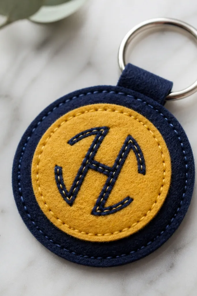 A keychain made from two layers of thick felt in navy and mustard. A stitched monogram sits in the center. There's a metal keyring attached to a loop at the top. The stitching is visible and even, with clean edges.