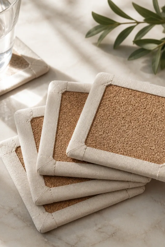A set of four coasters with cork centers and linen borders in off-white. Each coaster has a neatly stitched edge, and the corners show small fabric reinforcement. The cork texture is visible through the center.