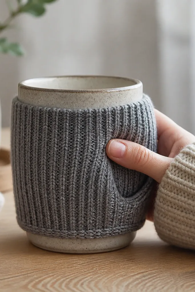 A mug cozy made from a gray knit sweater sleeve. The cozy wraps around a ceramic mug and has a thumb opening on one side. The knit is thick and slightly ribbed, with visible sweater seams.