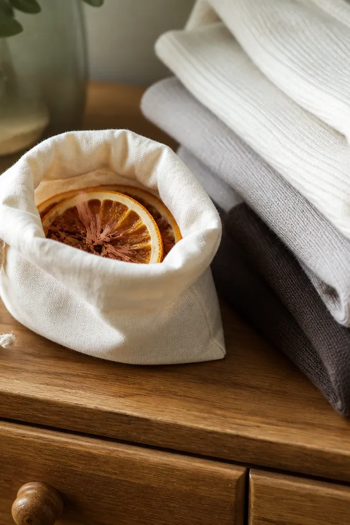A small fabric sachet made from off-white cotton with a drawstring. Inside, you see small cedar shavings and dried orange slices. The sachet sits next to folded clothes on a dresser.