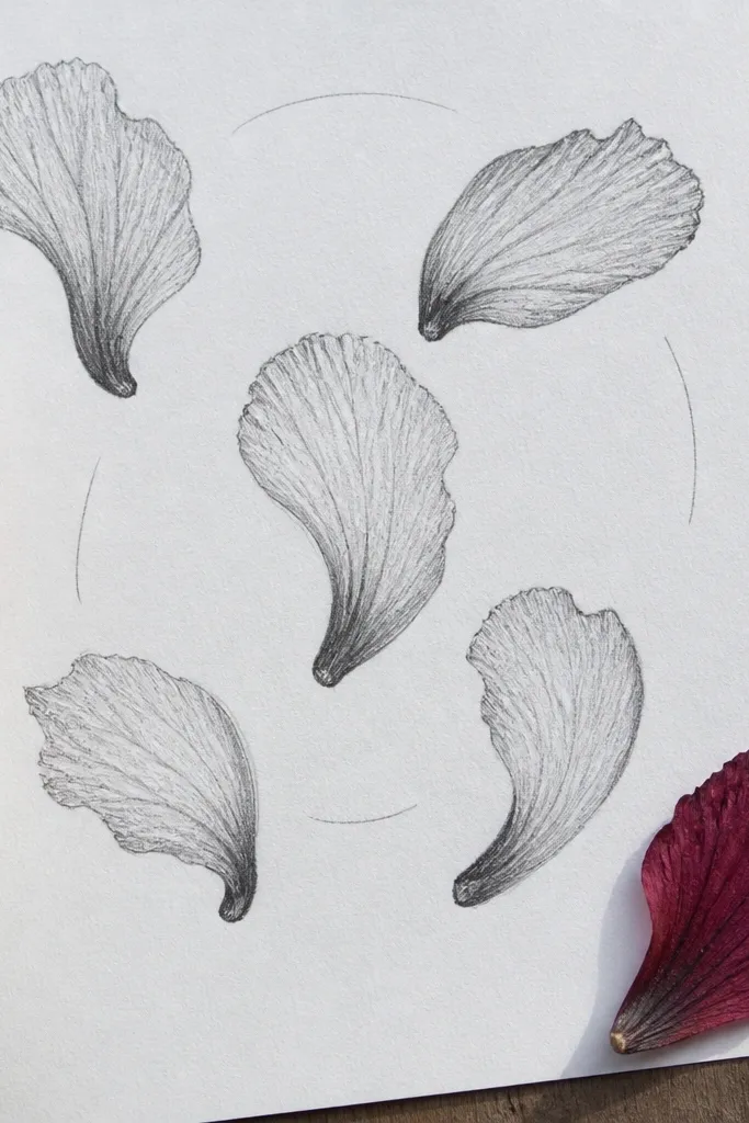 Pencil sketch of a hibiscus with five tear-drop petals and light guideline segments