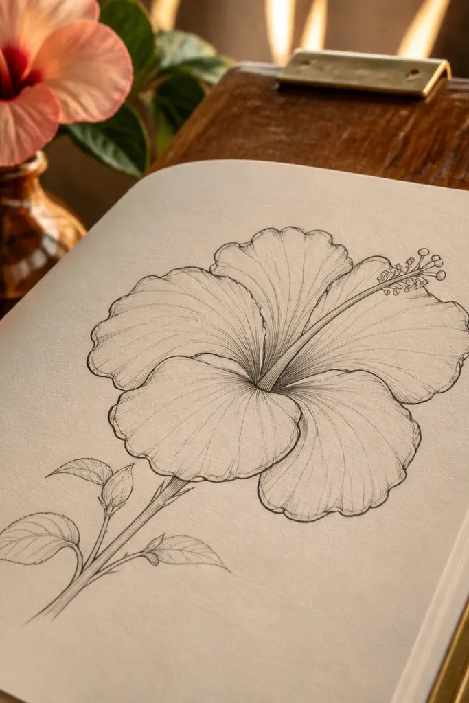 Pencil hibiscus with darker outer outline and thin inner vein lines