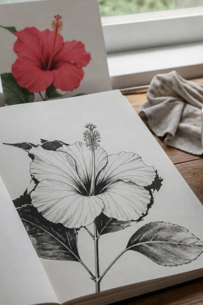 Hibiscus drawing with ink outline and pencil vein lines
