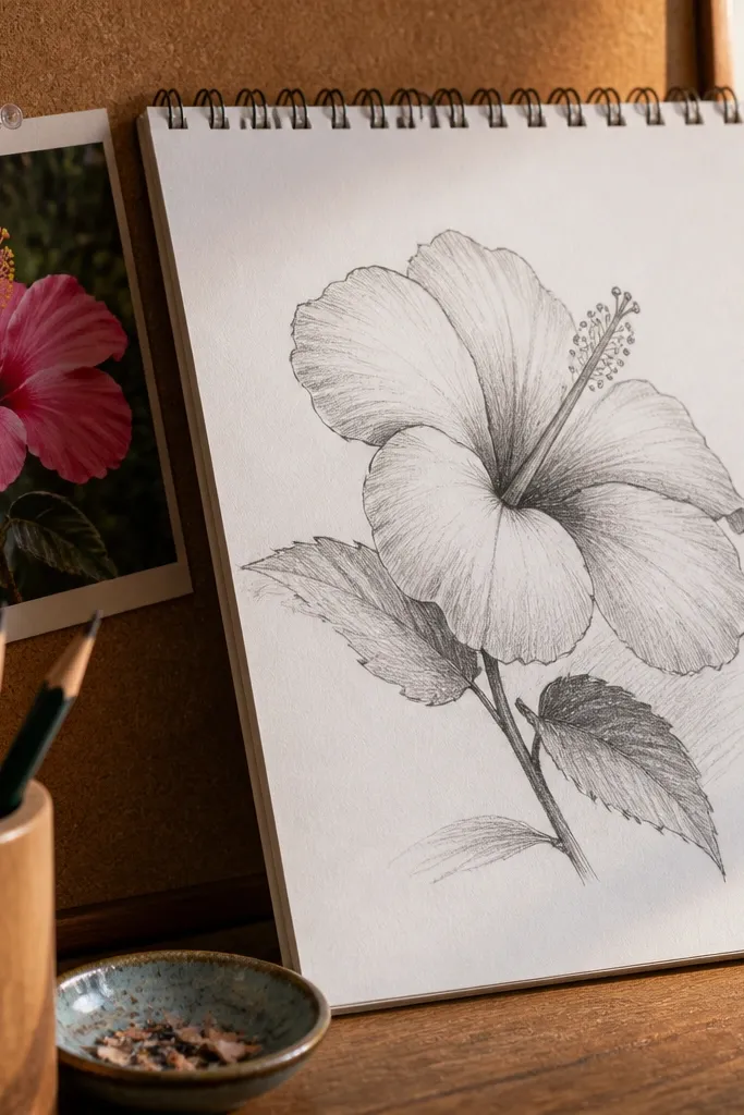 Hibiscus drawing with petals fanned in a tilted angle