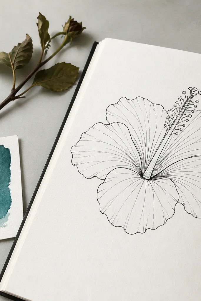 Minimal hibiscus line drawing with a few vein marker lines