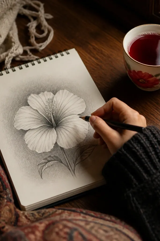 Hibiscus sketch with soft bloom-like graphite gradients near the center