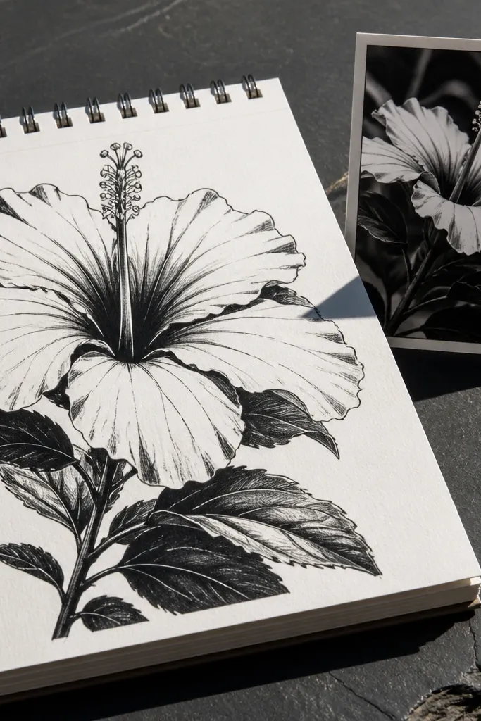 Monochrome hibiscus with crisp shadow shapes and clean highlights