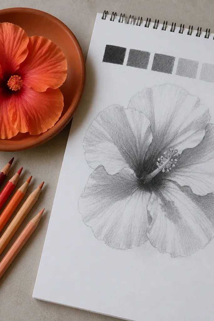 Hibiscus drawing using value blocks to suggest color variation