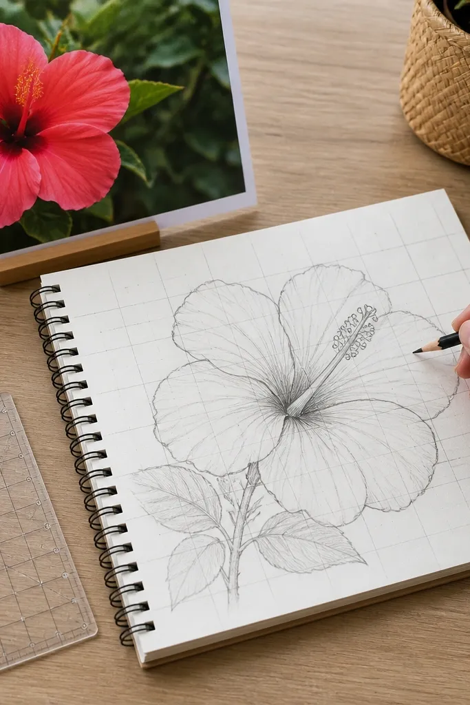 Hibiscus sketch with faint grid lines guiding proportions