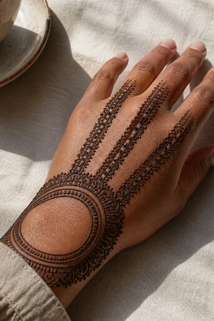Dense Arabic halo ring around the wrist with stacked ladder motifs over knuckles