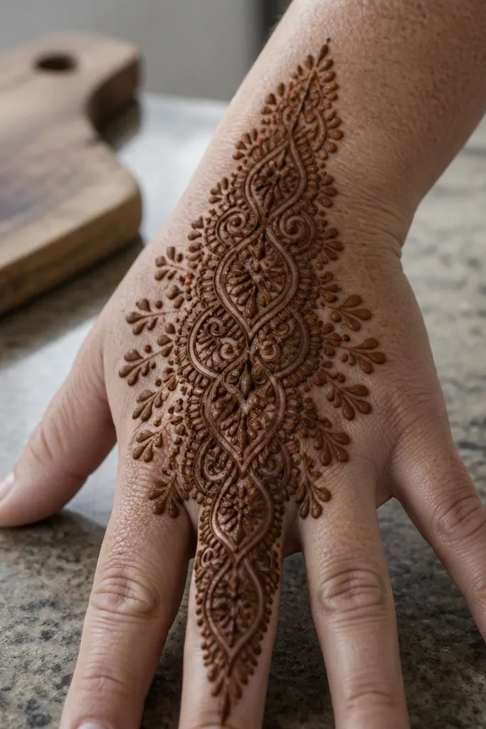 A thick center column with stacked teardrop shapes like armor across the back of the hand