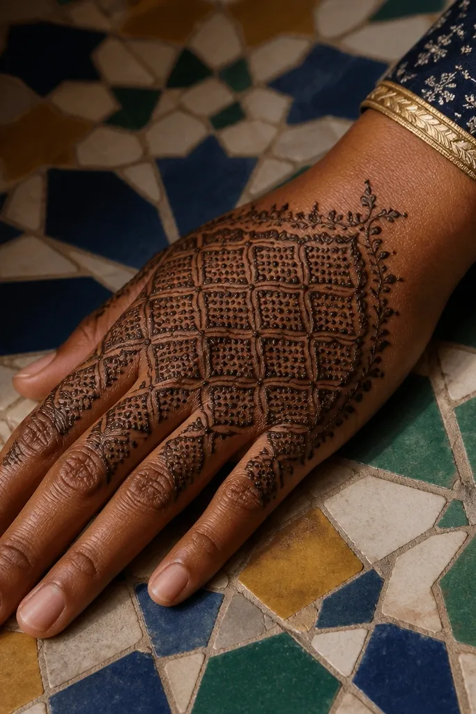 Dense knuckle grid pattern with a thick outer vine border wrapping the back of the hand