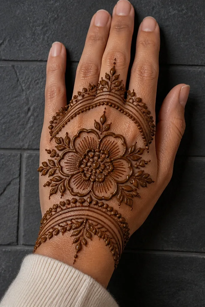 Two curved arches forming a backdrop with a large blossom in the center of the back hand