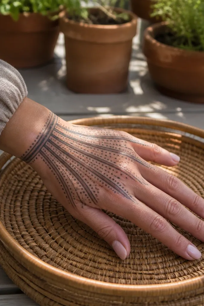 A fan of thick ladder lines spreading from wrist to knuckles