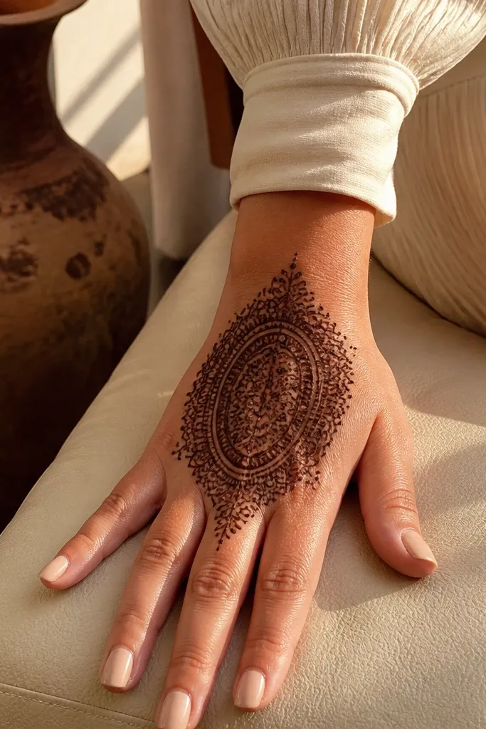 A thick oval medallion panel centered on the back of the hand with dense inner fill