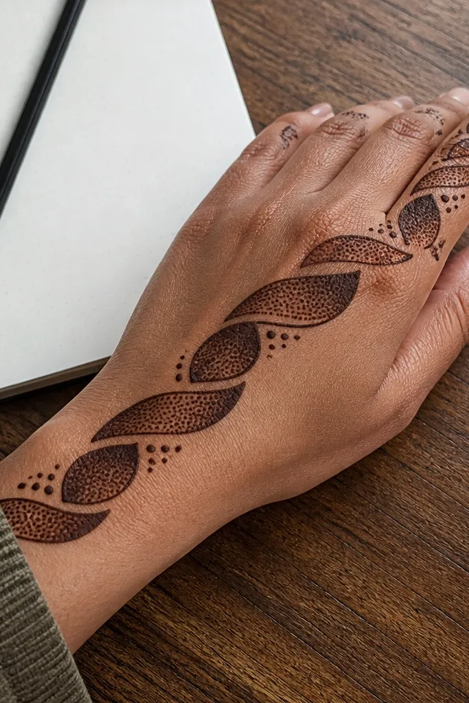 A thick diagonal ribbon across the hand with dotted shading inside