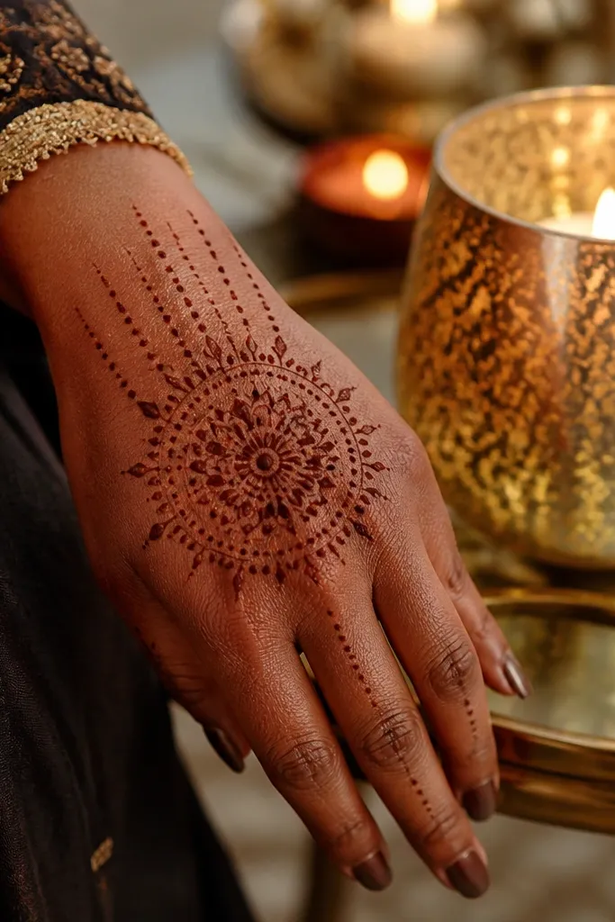A burst motif at the wrist with a double ring of dots wrapping the back hand